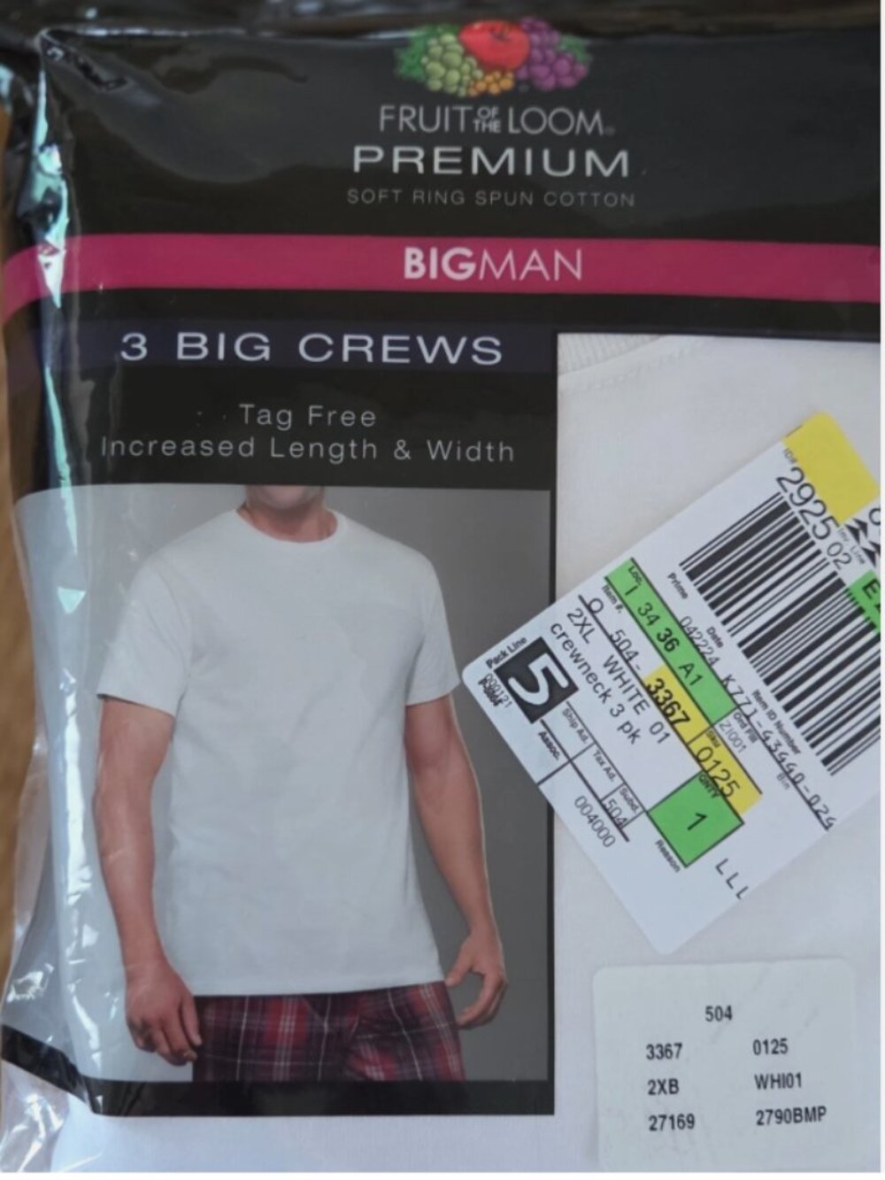 Fruit Loom Premium Big Men's 2XB 3XB 4XB Cotton Crew Neck T-Shirts 3 PK White